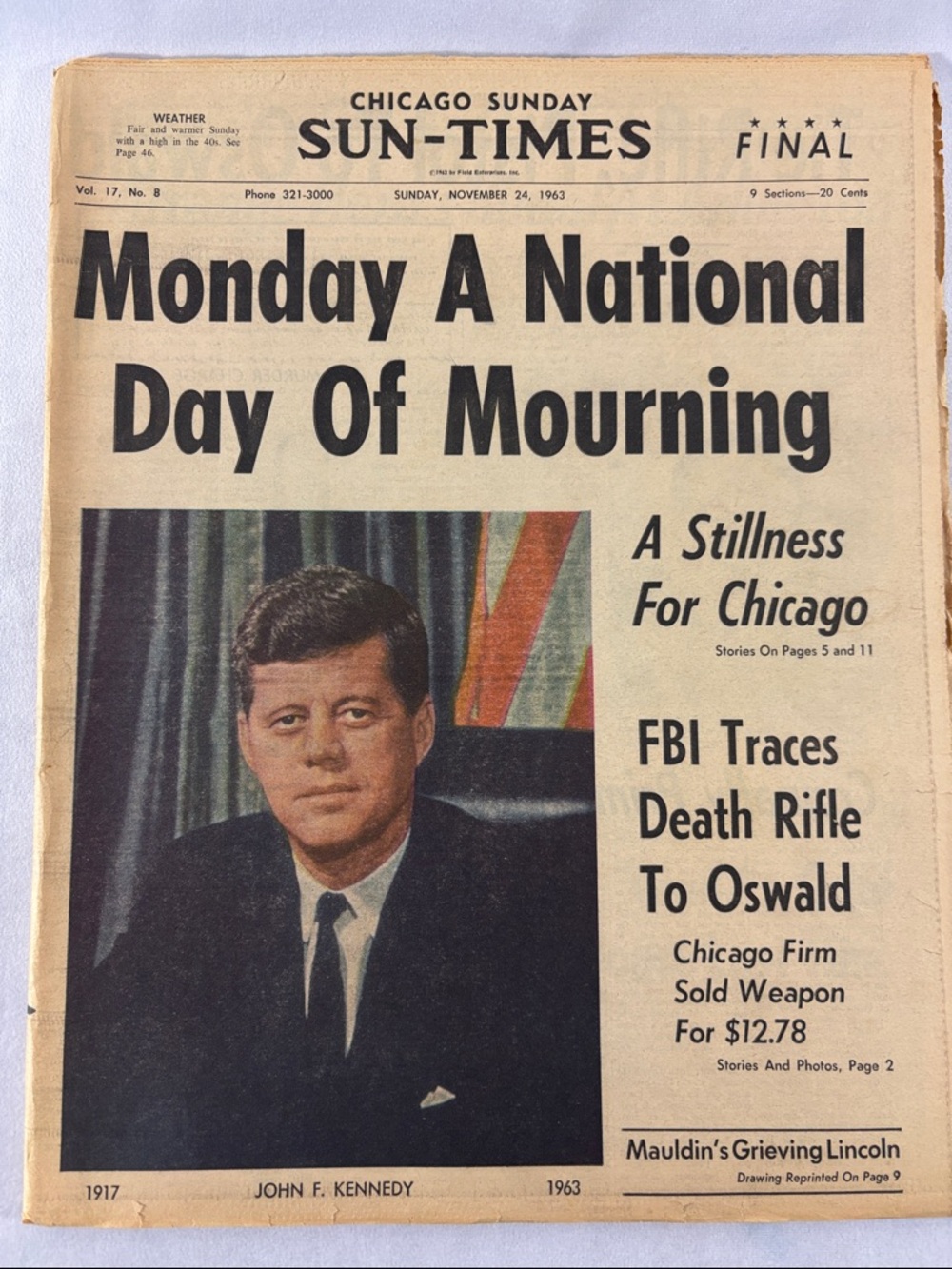 John F Kennedy Dies Vintage Chicago Sun Times Newsprint **